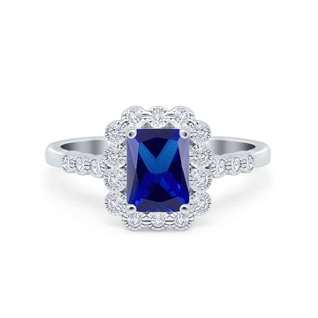 Halo Radiant Cut Wedding Ring Simulated Blue Sapphire CZ 925 Sterling Silver
